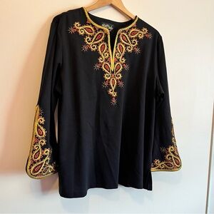 Bob Mackie Wearable Art Embroidered Black Top Gold and Red Accents 1X VTG 1990s